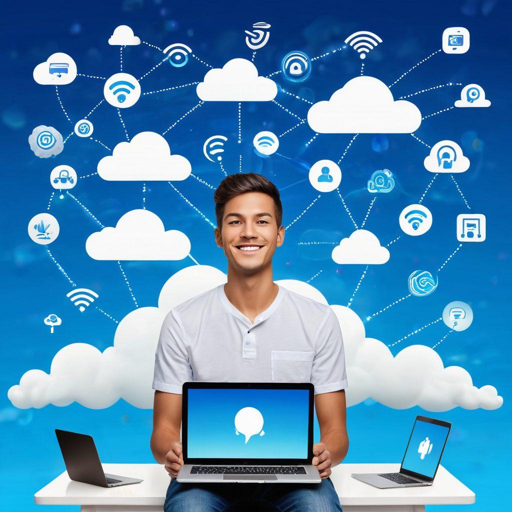 A serene landscape featuring a person joyfully exploring the digital world, surrounded by floating icons of Wi-Fi signals, graphs, and happy emojis representing online connectivity. The sky should be a gradient of calm blues and whites, symbolizing peace and joy in the online experience. Include elements like a glowing laptop, connected devices and cartoonish clouds to personify the internet. super-realistic. vibrant colors. white background.