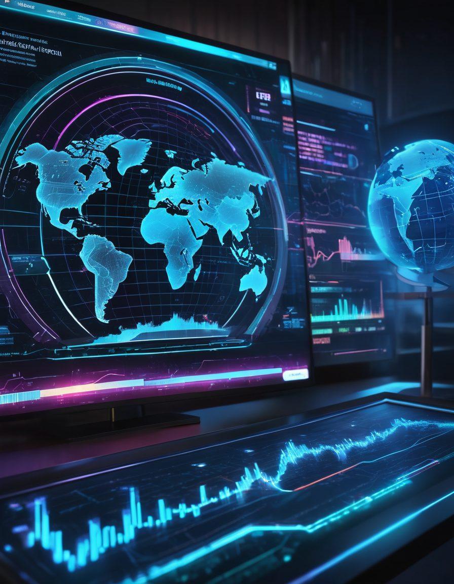 A high-tech dashboard displaying real-time network performance metrics, with vibrant graphs and data visualizations. In the background, a glowing globe symbolizing global connectivity, surrounded by digital connections and data streams. Incorporate elements representing speed, reliability, and security. Use a futuristic design with bright neon colors. super-realistic. cyberpunk.